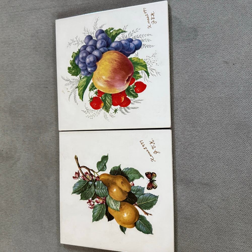 Vintage 1999 Fruit Ceramic Tiles Set of 2 Pear Grapes Apple Strawberry Signed